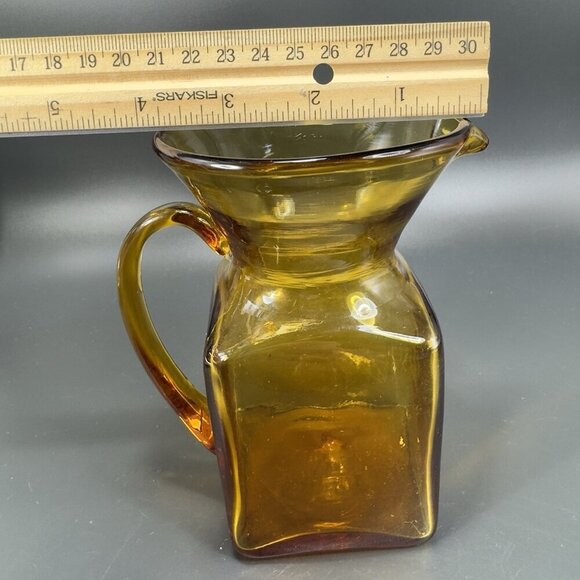 Mid Century Hand Blown Art Glass Pitcher Jug Carafe Amber With Handle Hand Made - Picture 4 of 12